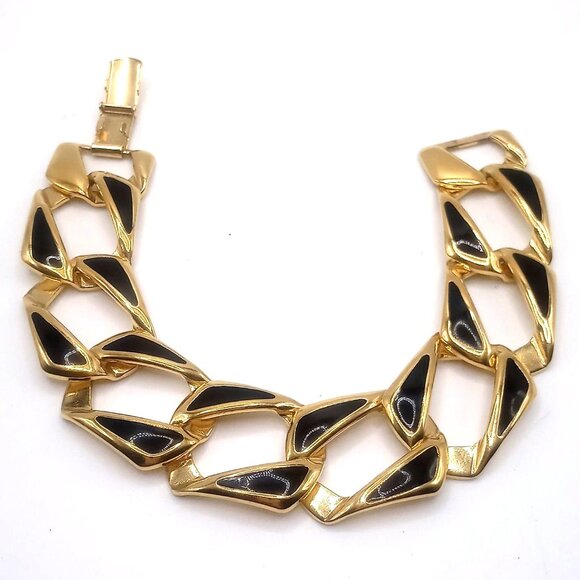 Napier Signed Bracelet Gold-Tone Black Enamel Art Deco Link Chain Style 7" Long - Picture 2 of 12